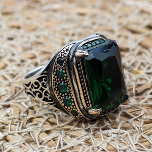 Emerald Men&#39;s Ring, Ottoman Men&#39;s Ring, Handmade Men&#39;s Ring, Turkish Handmade Men&#39;s Ring, Men&#39;s Jewelry, Gift for Him, 925 Sterling Silver