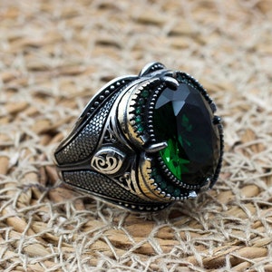 Emerald Men&#39;s Ring, Ottoman Men&#39;s Ring, Handmade Men&#39;s Ring, Turkish Handmade Men&#39;s Ring, Men&#39;s Jewelry, Gift for Him, 925 Sterling Silver