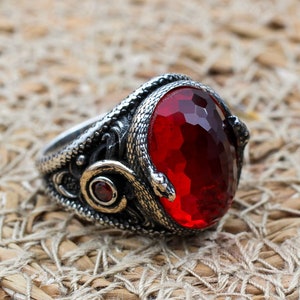 Mens Handmade Ring, Turkish Handmade Silver Men Ring, Ottoman Men Ring, Ruby Ring, Men&#39;s Jewelry, Gift for Him, 925k Sterling Silver Ring