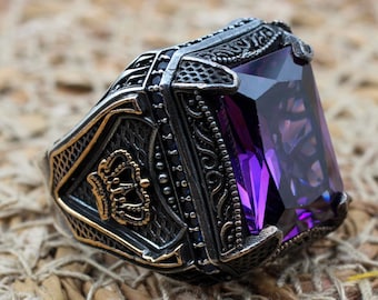 Amethyst Men's Ring, Mens Handmade Ring, Turkish Handmade Silver Men Ring, Ottoman Men Ring, Men Jewelry, Gift for Him, 925k Sterling Silver