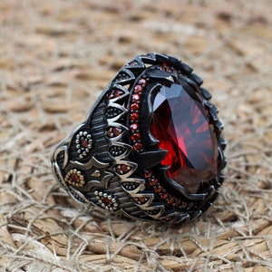 Handmade Ruby 925k Sterling Silver Men's Ring: Ottoman Design