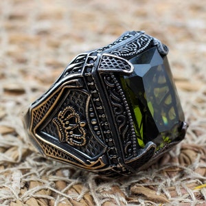 Men&#39;s Handmade Ring, Peridot Men&#39;s Ring, Turkish Handmade Silver Men&#39;s Ring, Ottoman Men&#39;s Ring, Gift for Him, 925k Sterling Silver Ring