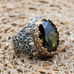 Men&#39;s Handmade Ring, Peridot Men&#39;s Ring, Turkish Handmade Silver Men&#39;s Ring, Ottoman Men&#39;s Ring, Gift for Him, 925k Sterling Silver Ring