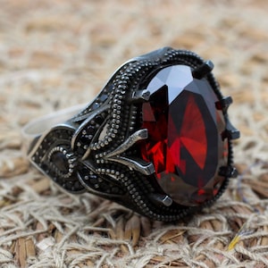 Mens Handmade Ring, Turkish Handmade Silver Men Ring, Ottoman Men Ring, Ruby Ring, Men's Jewelry, Gift for Him, 925k Sterling Silver Ring