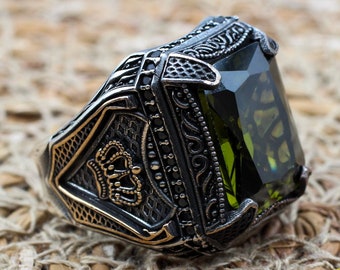 Men&#39;s Handmade Ring, Peridot Men&#39;s Ring, Turkish Handmade Silver Men&#39;s Ring, Ottoman Men&#39;s Ring, Gift for Him, 925k Sterling Silver Ring