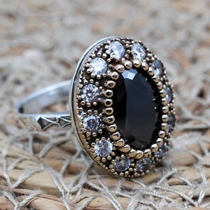 Onyx Ring, Handmade Women's Ring, Authentic Ring, Turkish Ring, Ottoman Women's Ring, Ladies Ring, 925k Sterling Silver Ring, Cubic Zirconia