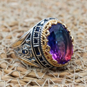 Tourmaline Men&#39;s Ring, Handmade Men&#39;s Ring, Turkish Handmade Ring, Ottoman Men&#39;s Ring, Men&#39;s Jewelry, Gift for Him, 925 Sterling Silver