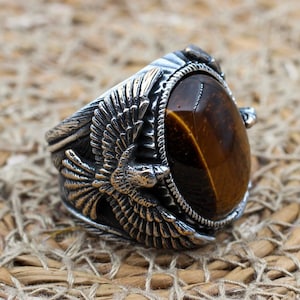 Tiger Eye Eagle Ring: Handmade 925 Sterling Silver Ottoman Jewelry