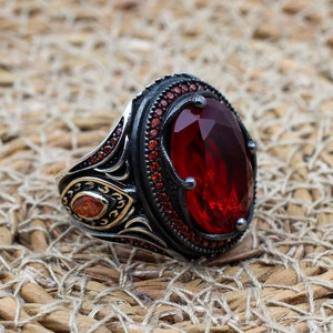 Mens Handmade Ring, Turkish Handmade Silver Men Ring, Ottoman Men Ring, Ruby Ring, Men's Jewelry, Gift for Him, 925k Sterling Silver Ring