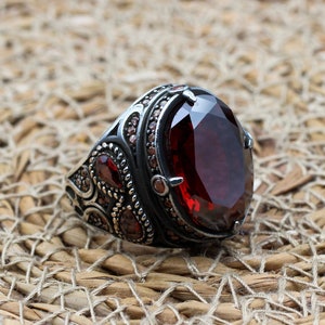 Mens Handmade Ring, Turkish Handmade Silver Men Ring, Ottoman Men Ring, Ruby Ring, Men's Jewelry, Gift for Him, 925k Sterling Silver Ring