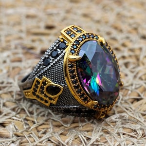 Mystic Topaz Ring, Handmade Ring, Turkish Handmade Silver Men Ring, Mystic Topaz Ring, Men&#39;s Jewelry, Gift for Him, 925k Sterling Silver