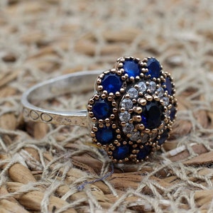Sapphire Ring, Handmade Women&#39;s Ring, Turkish Handmade Ring, Authentic Ring, Ottoman Ring, Ladies Ring, 925k Sterling Silver, Gift For Her,