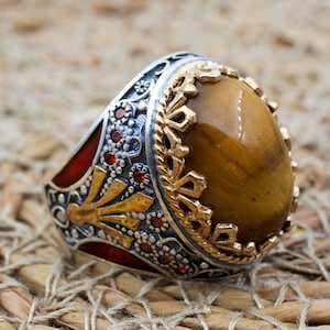 Tiger Eye Men&#39;s Ring, Ottoman Men&#39;s Ring, Handmade Men&#39;s Ring, Turkish Handmade Men&#39;s Ring, Men&#39;s Jewelry, Gift for Him, 925 Sterling Silver