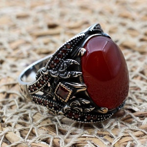 Turkish Handmade Silver Men Ring, Men&#39;s Agate Ring, Handmade Ring, Ottoman Men Ring, Men&#39;s Jewelry, Gift for Him, 925k Sterling Silver Ring