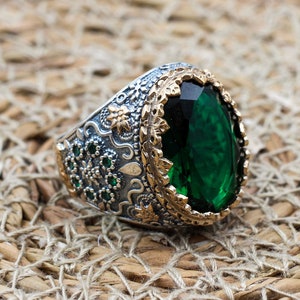 Emerald Men&#39;s Ring, Ottoman Men&#39;s Ring, Handmade Men&#39;s Ring, Turkish Handmade Men&#39;s Ring, Men&#39;s Jewelry, Gift for Him, 925 Sterling Silver