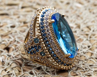 Turkish Handmade Ring, Silver Ladies Ring, Handmade Women Ring, Ottoman Women Ring, Aquamarine Ring, Ladies Ring, 925k Sterling Silver Ring,