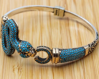 Turquoise Bracelet, Snake Bracelet, Handmade Bracelet, Bangle Cuff, Turkish Handmade, Animal Bracelet, Gift for Her, 925k Sterling Silver