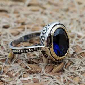 Sapphire Ring, Handmade Women&#39;s Ring, Turkish Handmade Ring, Authentic Ring, Ottoman Ring, Ladies Ring, 925k Sterling Silver, Gift For Her,