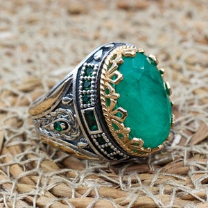 Mens Handmade Ring, Turkish Handmade Silver Men Ring, Ottoman Ring, Paraiba Mens Ring, Men&#39;s Jewelry, Gift for Him, 925 Sterling Silver Ring