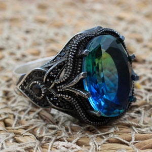 Men&#39;s Handmade Ring, Turkish Handmade Ring, Ottoman  Men&#39;s Ring, Tourmaline Men&#39;s Ring, Men&#39;s Jewelry, Gift for Him, 925k Sterling Silver