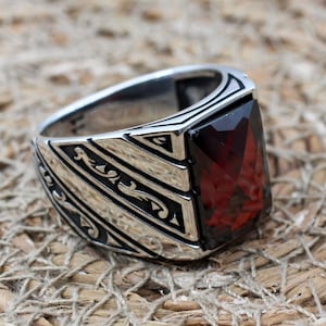 Ruby Ring, Handmade Men&#39;s Ring, Turkish Handmade Men&#39;s Ring, Ottoman Men&#39;s Ring, Men&#39;s Jewelry, Gift for Him, 925k Sterling Silver Ring