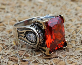 Ruby Ring, Handmade Women's Ring, Authentic Ring, Turkish Ring, Ottoman Women's Ring, Ladies Ring, 925k Sterling Silver Ring, Zircon Ring,
