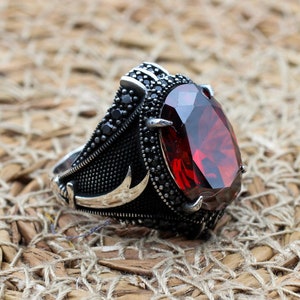 Mens Handmade Ring, Turkish Handmade Silver Men Ring, Ottoman Men Ring, Ruby Ring, Men's Jewelry, Gift for Him, 925k Sterling Silver Ring
