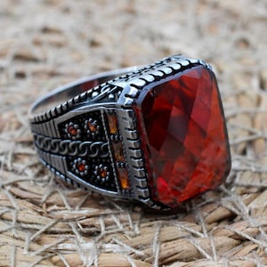 Ruby Men&#39;s Ring, Ottoman Men&#39;s Ring, Handmade Men&#39;s Ring, Turkish Handmade Men&#39;s Ring, Men&#39;s Jewelry, Gift for Him, 925 Sterling Silver