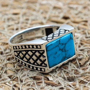 Turquoise Men&#39;s Ring, Handmade Ring, Turkish Handmade Silver Men Ring, Ottoman Ring, Men&#39;s Jewelry, Gift for Him, 925k Sterling Silver Ring