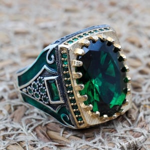 Men&#39;s Handmade Ring, Turkish Handmade Silver Men&#39;s Ring, Ottoman Men Ring, Emerald Ring, Men&#39;s Ring, Gift for Him, 925k Sterling Silver Ring