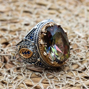 Mystic Topaz Ring, Handmade Ring, Turkish Handmade Silver Men Ring, Mystic Topaz Ring, Men&#39;s Jewelry, Gift for Him, 925k Sterling Silver