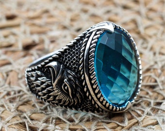 Handmade Aquamarine Sterling Silver Eagle Ring - Turkish Ottoman Style