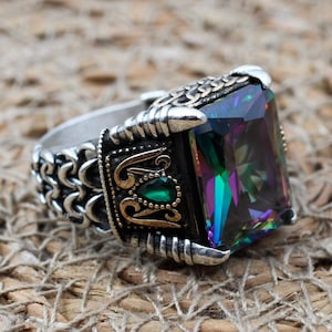 Mystic Topaz Ring, Handmade Ring, Turkish Handmade Silver Men Ring, Mystic Topaz Ring, Men&#39;s Jewelry, Gift for Him, 925k Sterling Silver