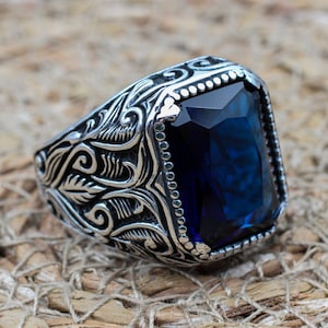 Sapphire Men&#39;s Ring, Ottoman Men&#39;s Ring, Handmade Men&#39;s Ring, Turkish Handmade Men&#39;s Ring, Men&#39;s Jewelry, Gift for Him, 925 Sterling Silver