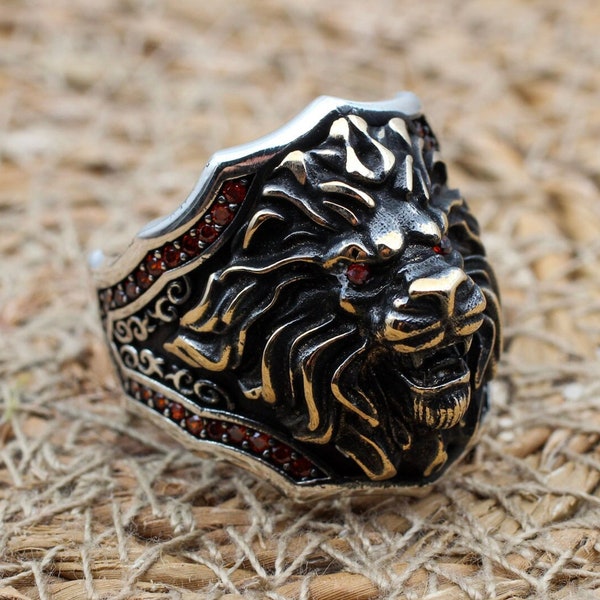 Mens Handmade Ring, Lion Ring, Handmade Silver Men Ring, Ottoman Men Ring, Ruby Ring, Men's Jewelry, Gift for Him, 925k Sterling Silver Ring