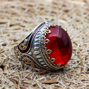 Ruby Men&#39;s Ring, Ottoman Men&#39;s Ring, Handmade Men&#39;s Ring, Turkish Handmade Men&#39;s Ring, Men&#39;s Jewelry, Gift for Him, 925 Sterling Silver