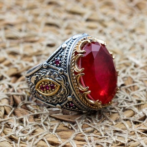 Mens Handmade Ring, Turkish Handmade Silver Men Ring, Ottoman Men Ring, Ruby Ring, Men's Jewelry, Gift for Him, 925k Sterling Silver Ring