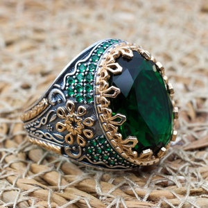 Emerald Men&#39;s Ring, Ottoman Men&#39;s Ring, Handmade Men&#39;s Ring, Turkish Handmade Men&#39;s Ring, Men&#39;s Jewelry, Gift for Him, 925 Sterling Silver
