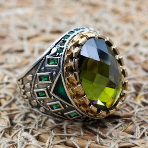 Men&#39;s Handmade Ring, Peridot Men&#39;s Ring, Turkish Handmade Silver Men&#39;s Ring, Ottoman Men&#39;s Ring, Gift for Him, 925k Sterling Silver Ring