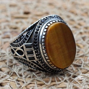 Tiger Eye Ring, Men&#39;s Handmade Ring, Turkish Handmade Silver Men Ring, Ottoman Ring, Men&#39;s Jewelry, Gift for Him, 925k Sterling Silver Ring