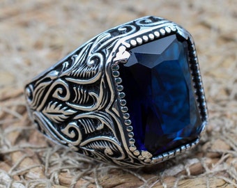 Sapphire Men&#39;s Ring, Ottoman Men&#39;s Ring, Handmade Men&#39;s Ring, Turkish Handmade Men&#39;s Ring, Men&#39;s Jewelry, Gift for Him, 925 Sterling Silver