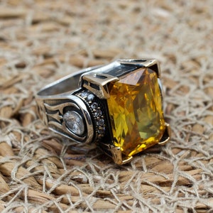 Citrine Ladies Ring, Turkish Handmade Ring, Silver Ladies Ring, Handmade Women Ring, Ottoman Women&#39;s Ring, Ladies Ring, 925 Sterling Silver