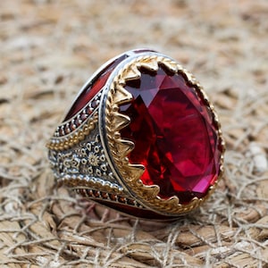 Ruby Mens Ring, Handmade Ring, Turkish Handmade Silver Men Ring, Ottoman Men Ring, Men's Jewelry, Gift for Him, 925k Sterling Silver Ring