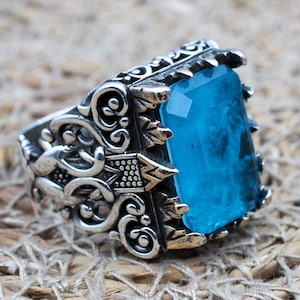 Paraiba Men&#39;s Ring, Men&#39;s Handmade Ring, Turkish Handmade Men&#39;s Ring, Ottoman Men&#39;s Ring, Mens Ring, Gift for Him, 925k Sterling Silver