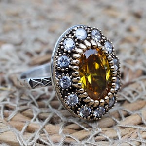 Citrine Ladies Ring, Turkish Handmade Ring, Silver Ladies Ring, Handmade Women Ring, Ottoman Women's Ring, Ladies Ring, 925 Sterling Silver
