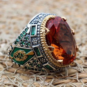 Handmade Alexandrite Sterling Silver Men&#39;s Ring - Ottoman Bronze Detail