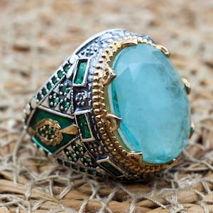 Paraiba Men&#39;s Ring, Men&#39;s Handmade Ring, Turkish Handmade Men&#39;s Ring, Ottoman Men&#39;s Ring, Mens Ring, Gift for Him, 925k Sterling Silver