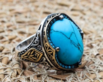 Handmade Turquoise Sterling Silver Men's Ring: Ottoman Style - Main Image