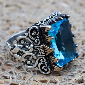Bague pour homme aigue-marine, bague pour homme en argent turque faite main, bague ottomane, bague en pierre carrée, bijoux pour homme, cadeau pour lui, argent sterling 925 carats