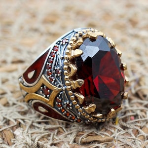 Mens Handmade Ring, Turkish Handmade Silver Men Ring, Ottoman Men Ring, Ruby Ring, Men's Jewelry, Gift for Him, 925k Sterling Silver Ring